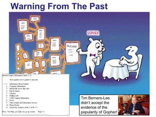 Warning From The Past

       Gopher




                    Tim Berners-Lee
                    didn‟t accept the
                    evidence of the
                    popularity of Gopher!
67
 