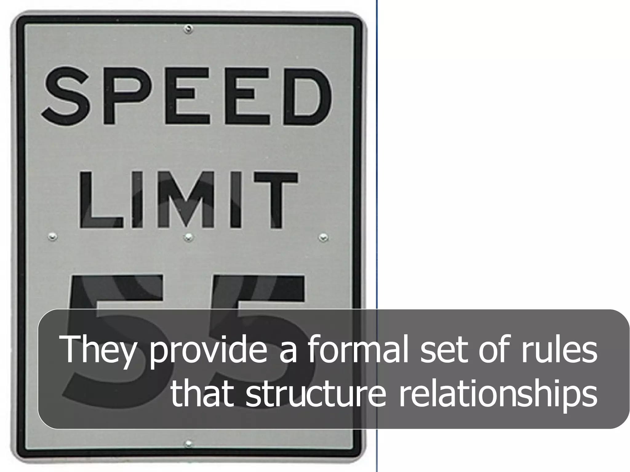 They provide a formal set of rules that structure relationships 