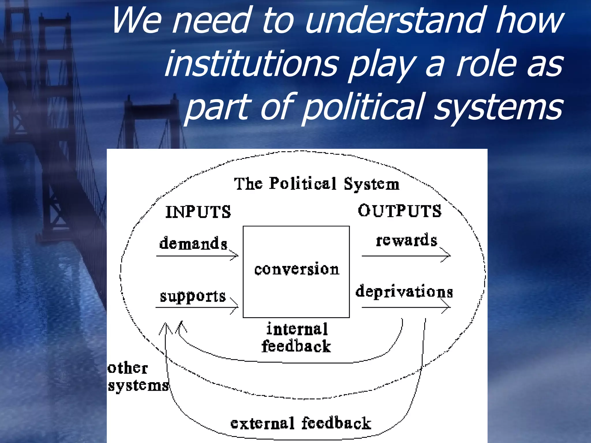 We need to understand how institutions play a role as part of political systems 