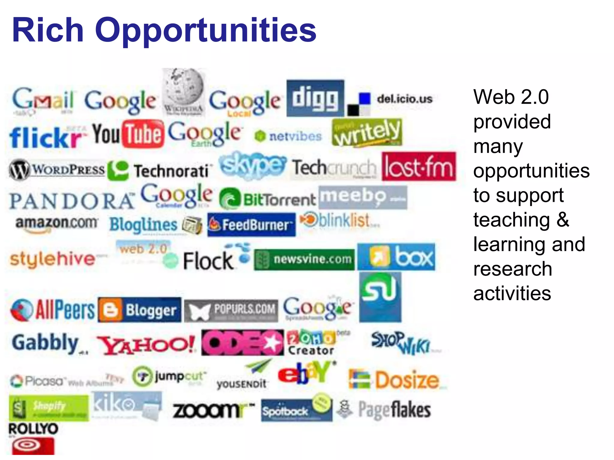 Rich Opportunities
                     Web 2.0
                     provided
                     many
                     opportunities
                     to support
                     teaching &
                     learning and
                     research
                     activities




20
 
