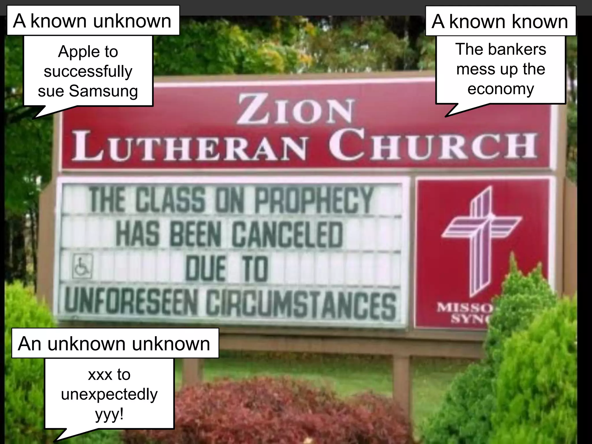 A known unknown          A known known
         Apple to           The bankers
       successfully         mess up the
      sue Samsung            economy
           Scepticism




     An unknown unknown
            xxx to
         unexpectedly
             yyy!
32
 