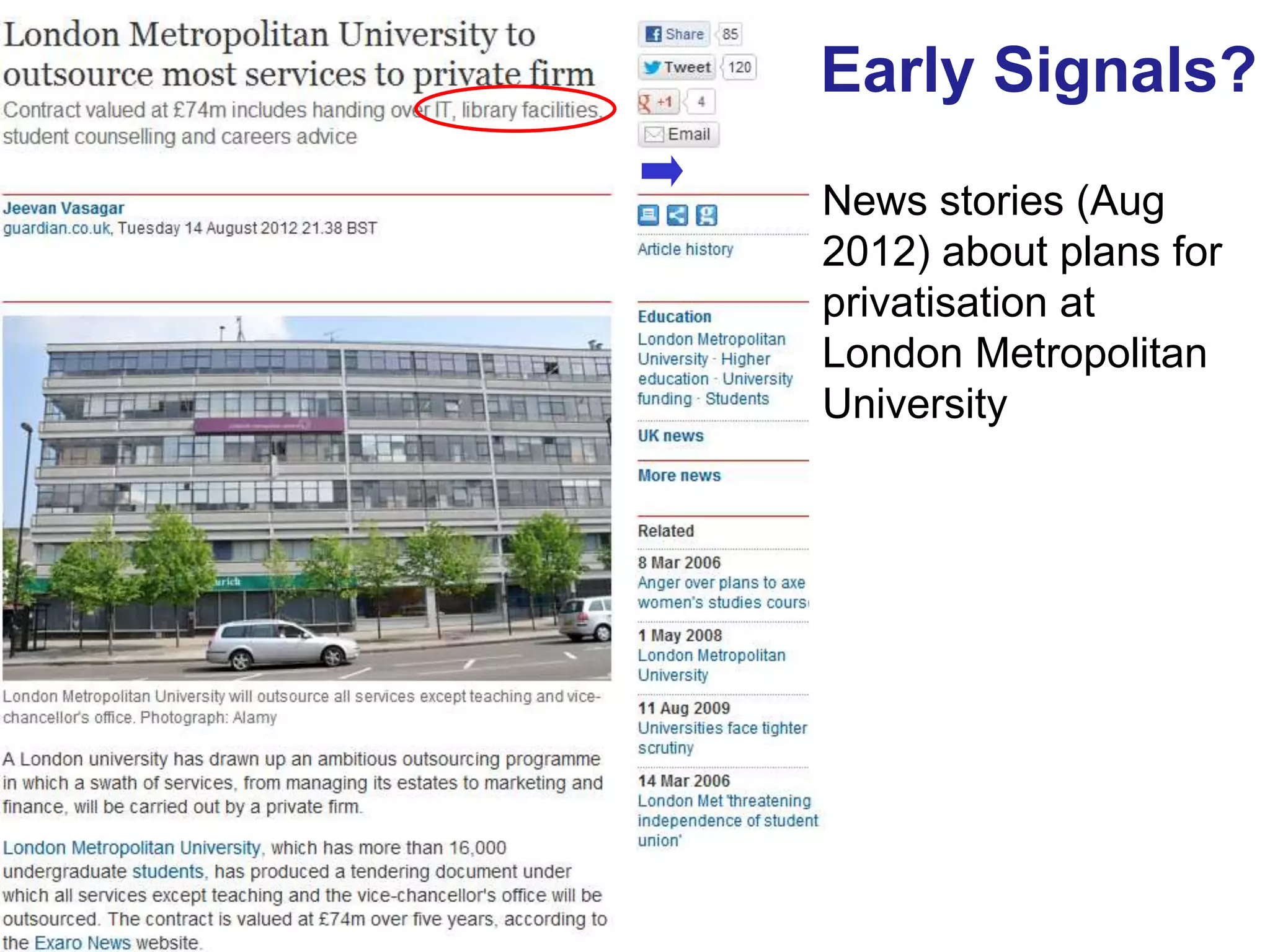 Early Signals?
     News stories (Aug
     2012) about plans for
     privatisation at
     London Metropolitan
     University




52
 