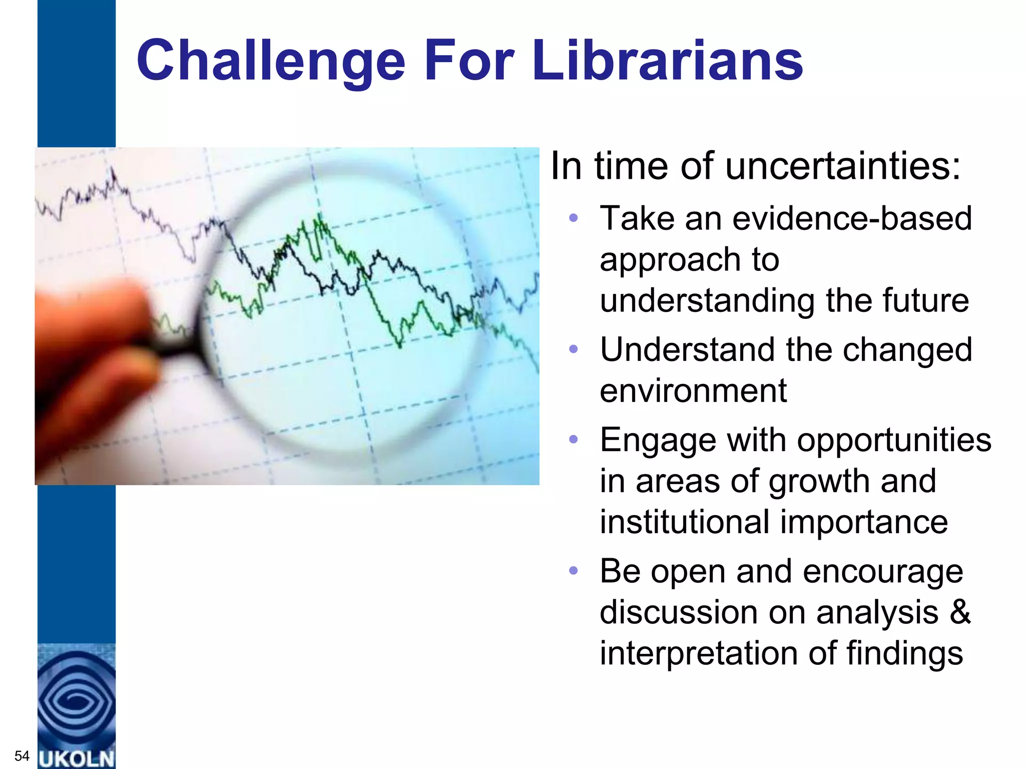 Challenge For Librarians
                   In time of uncertainties:
                    • Take an evidence-based
                      approach to
                      understanding the future
                    • Understand the changed
                      environment
                    • Engage with opportunities
                      in areas of growth and
                      institutional importance
                    • Be open and encourage
                      discussion on analysis &
                      interpretation of findings

54
 