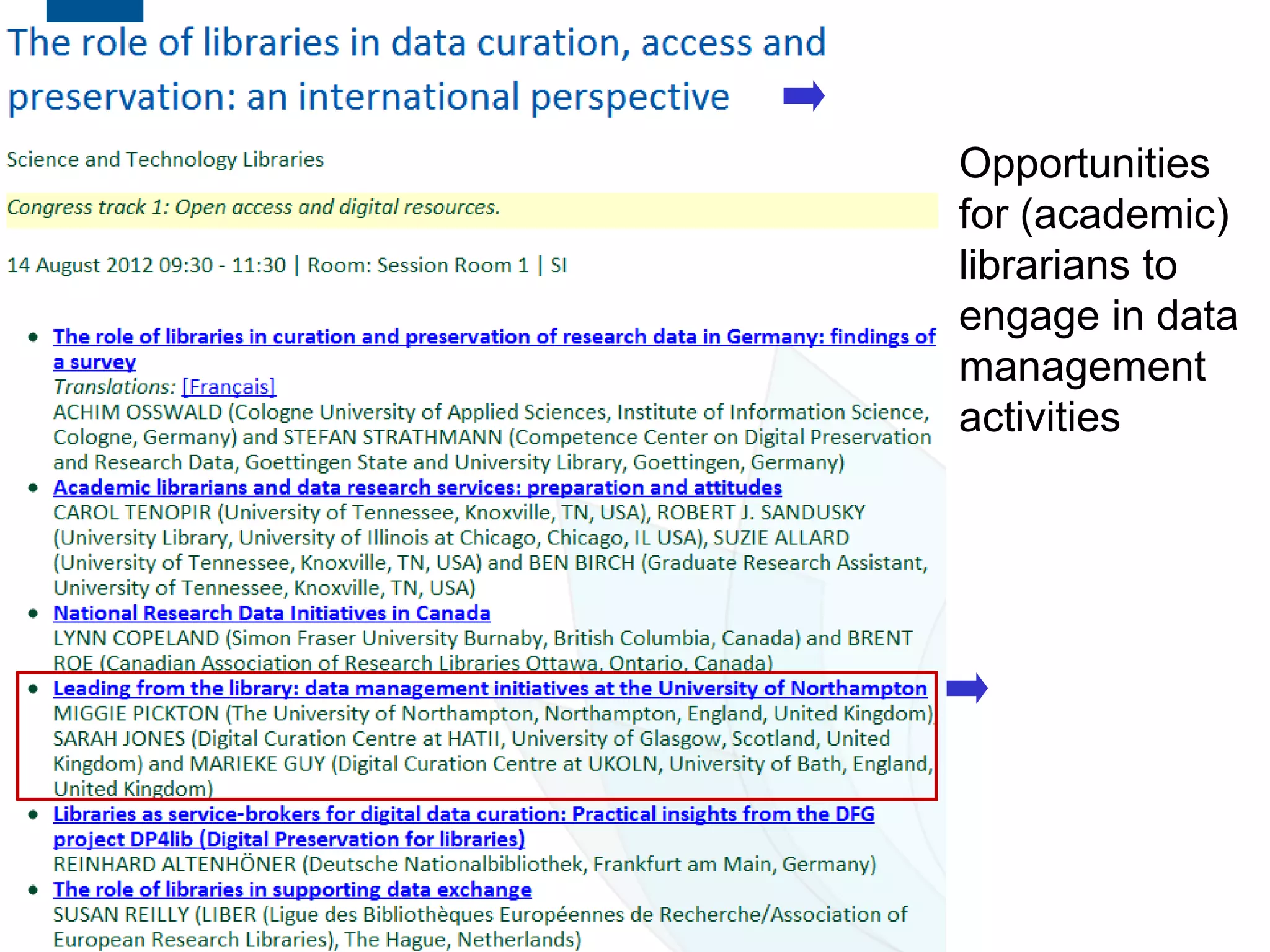 Exploiting Opportunities: Data

                                      Opportunities
                                      for (academic)
                                      librarians to
                                      engage in data
                                      management
                                      activities




55
 