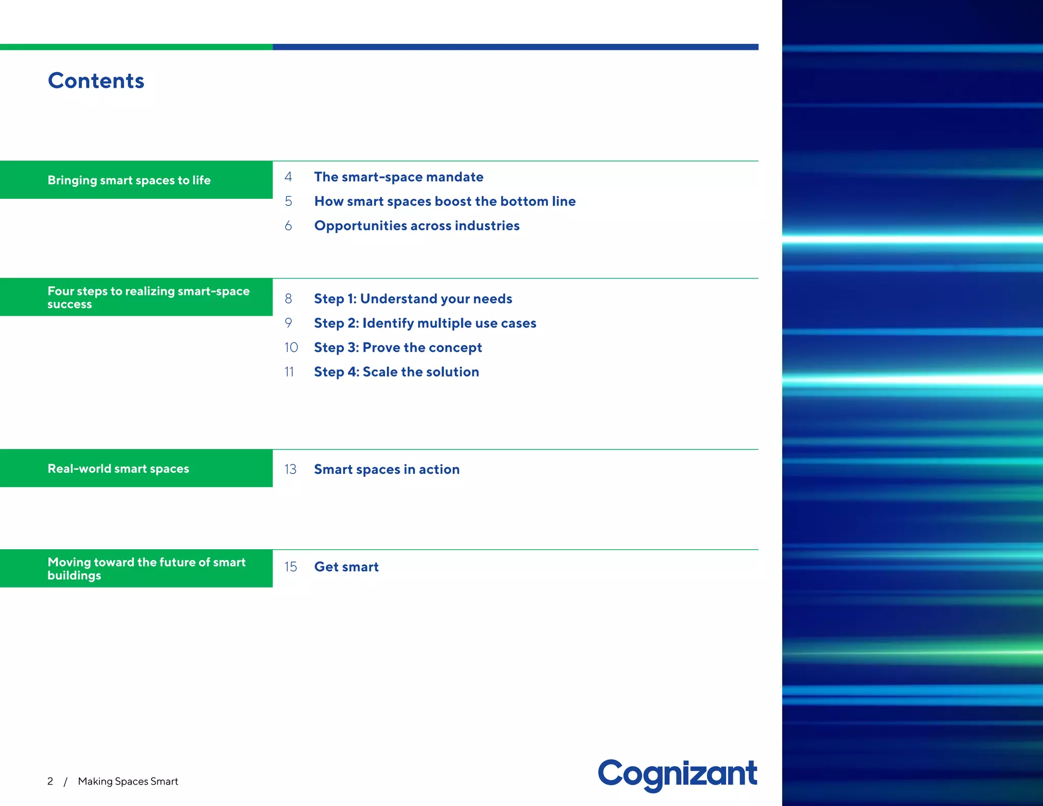 4	 The smart-space mandate
5	 How smart spaces boost the bottom line
6	 Opportunities across industries
8	 Step 1: Understand your needs
9	 Step 2: Identify multiple use cases
10	 Step 3: Prove the concept
11	 Step 4: Scale the solution
13	 Smart spaces in action
15	 Get smart
Bringing smart spaces to life
Four steps to realizing smart-space
success
Real-world smart spaces
Moving toward the future of smart
buildings
Contents
2 / Making Spaces Smart
 