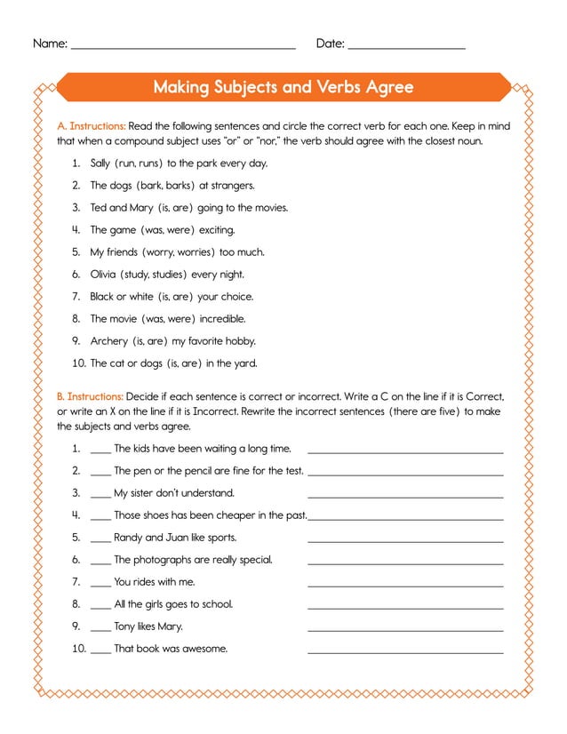 Making Subjects And Verbs Agree Rule 2 A Worksheets