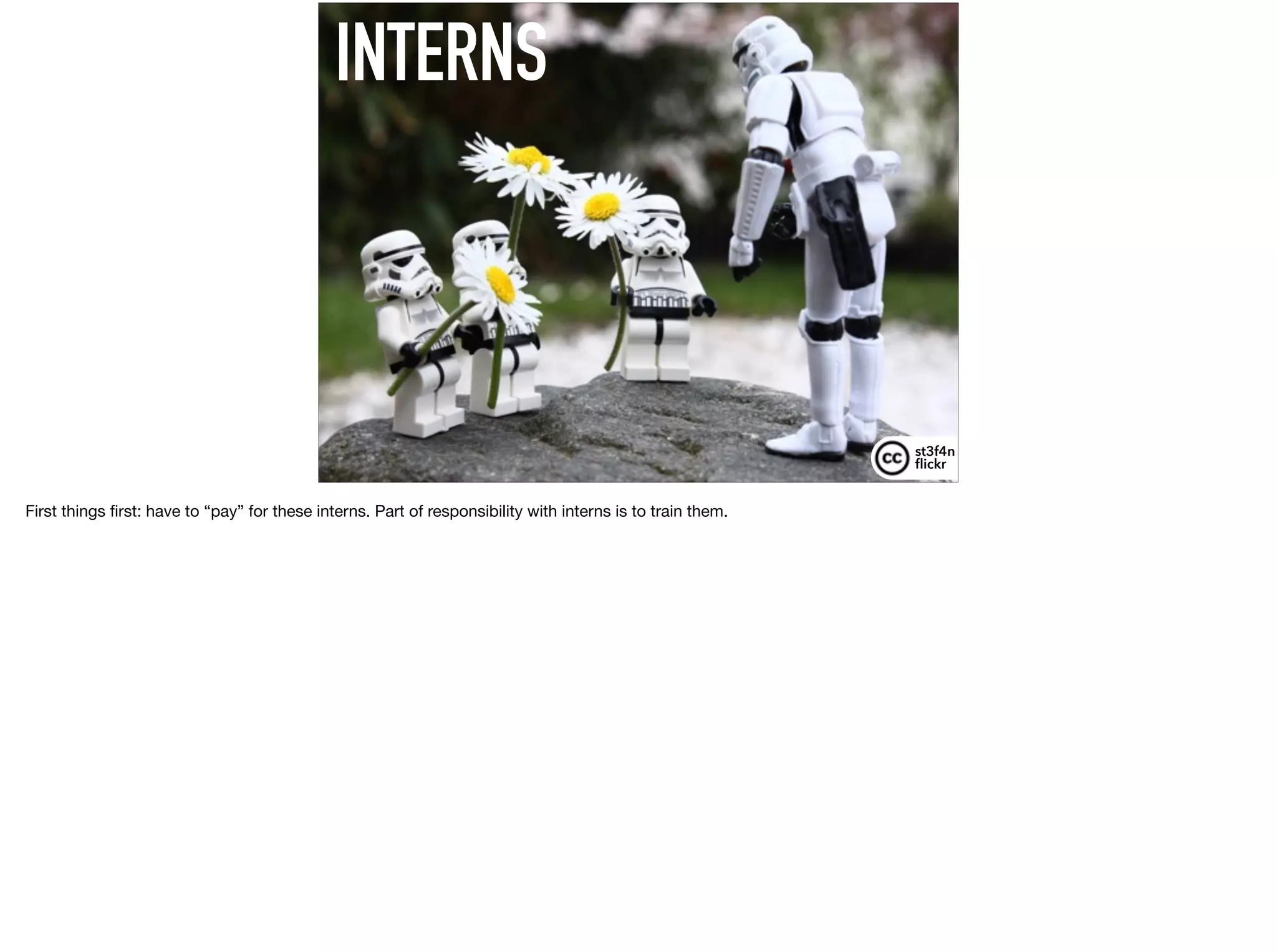 INTERNS
st3f4n 
ﬂickr
First things ﬁrst: have to “pay” for these interns. Part of responsibility with interns is to train them.
 