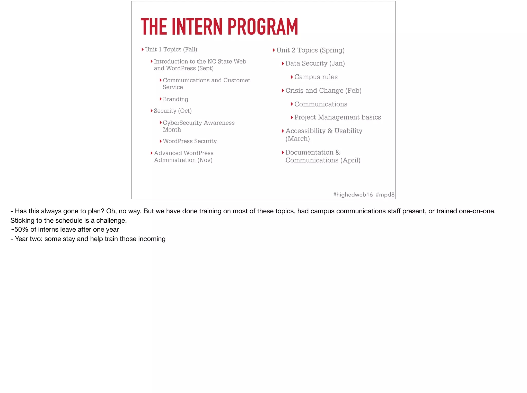 THE INTERN PROGRAM
▸ Unit 1 Topics (Fall)
▸ Introduction to the NC State Web
and WordPress (Sept)
▸Communications and Customer
Service
▸Branding
▸ Security (Oct)
▸CyberSecurity Awareness
Month
▸WordPress Security
▸ Advanced WordPress
Administration (Nov)
▸ Unit 2 Topics (Spring)
▸ Data Security (Jan)
▸Campus rules
▸ Crisis and Change (Feb)
▸Communications
▸Project Management basics
▸ Accessibility & Usability
(March)
▸ Documentation &
Communications (April)
#highedweb16 #mpd8
- Has this always gone to plan? Oh, no way. But we have done training on most of these topics, had campus communications staﬀ present, or trained one-on-one.
Sticking to the schedule is a challenge. 
~50% of interns leave after one year

- Year two: some stay and help train those incoming
 