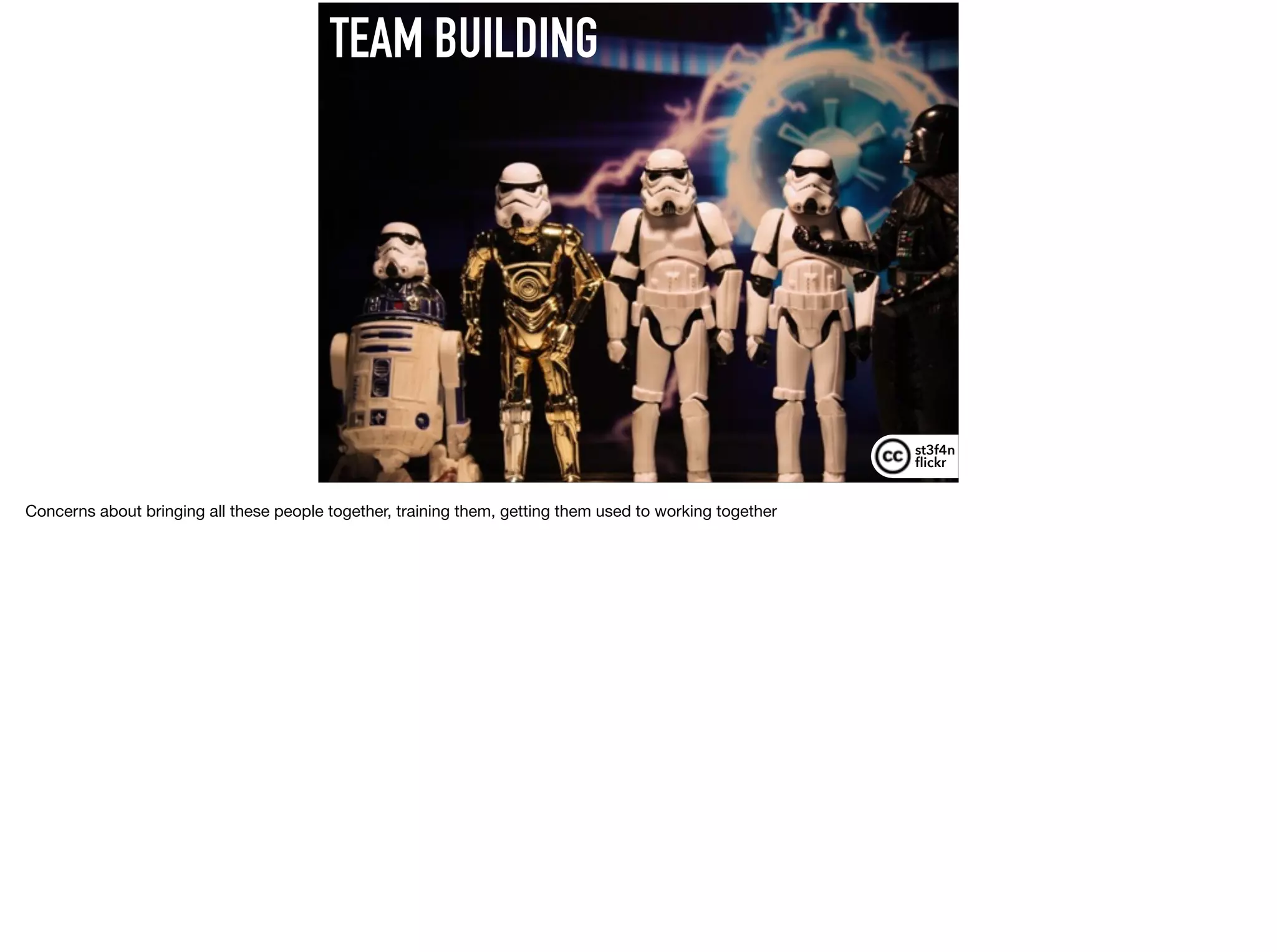 TEAM BUILDING
st3f4n 
ﬂickr
Concerns about bringing all these people together, training them, getting them used to working together
 