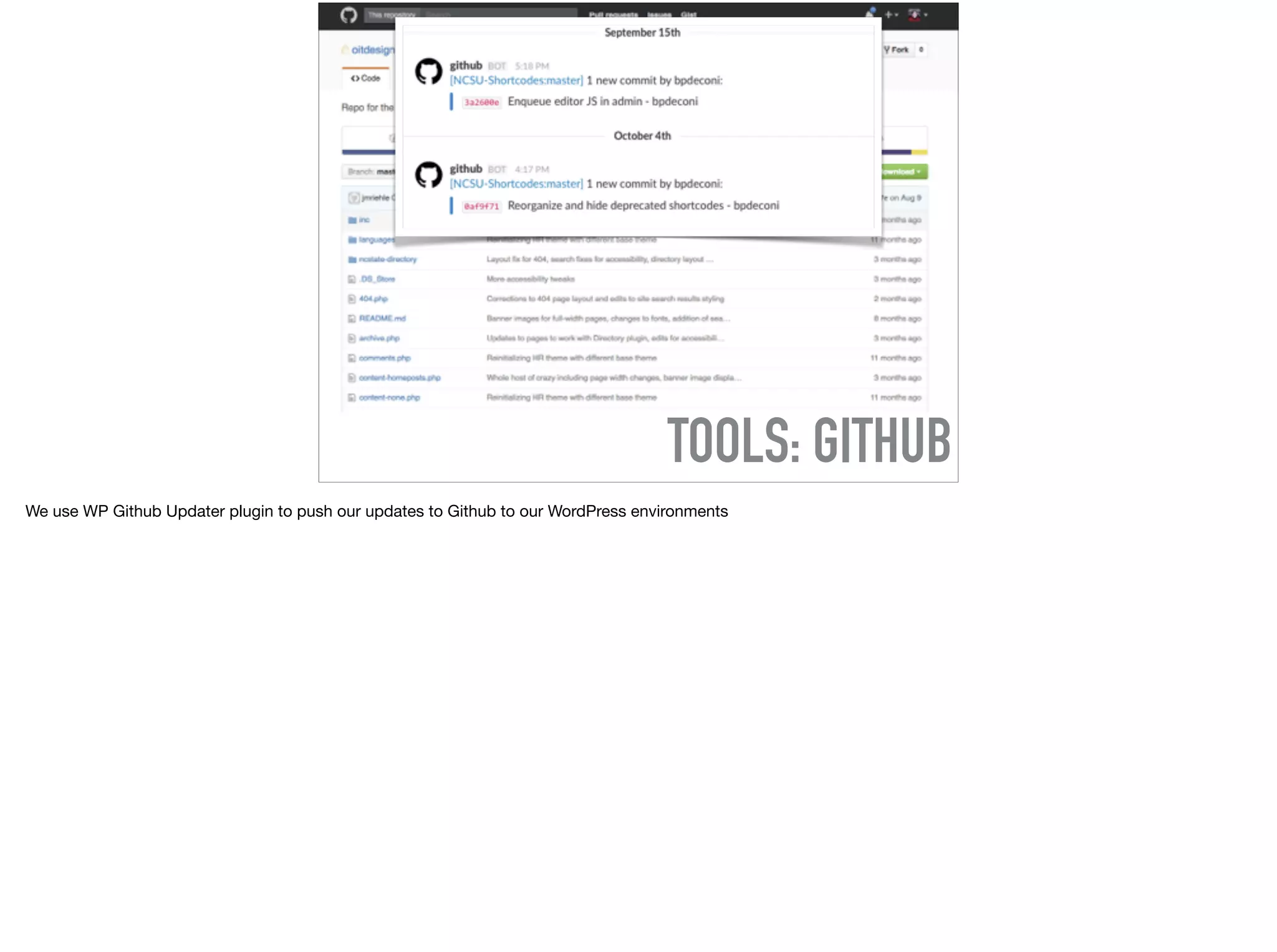 TOOLS: GITHUB
We use WP Github Updater plugin to push our updates to Github to our WordPress environments
 