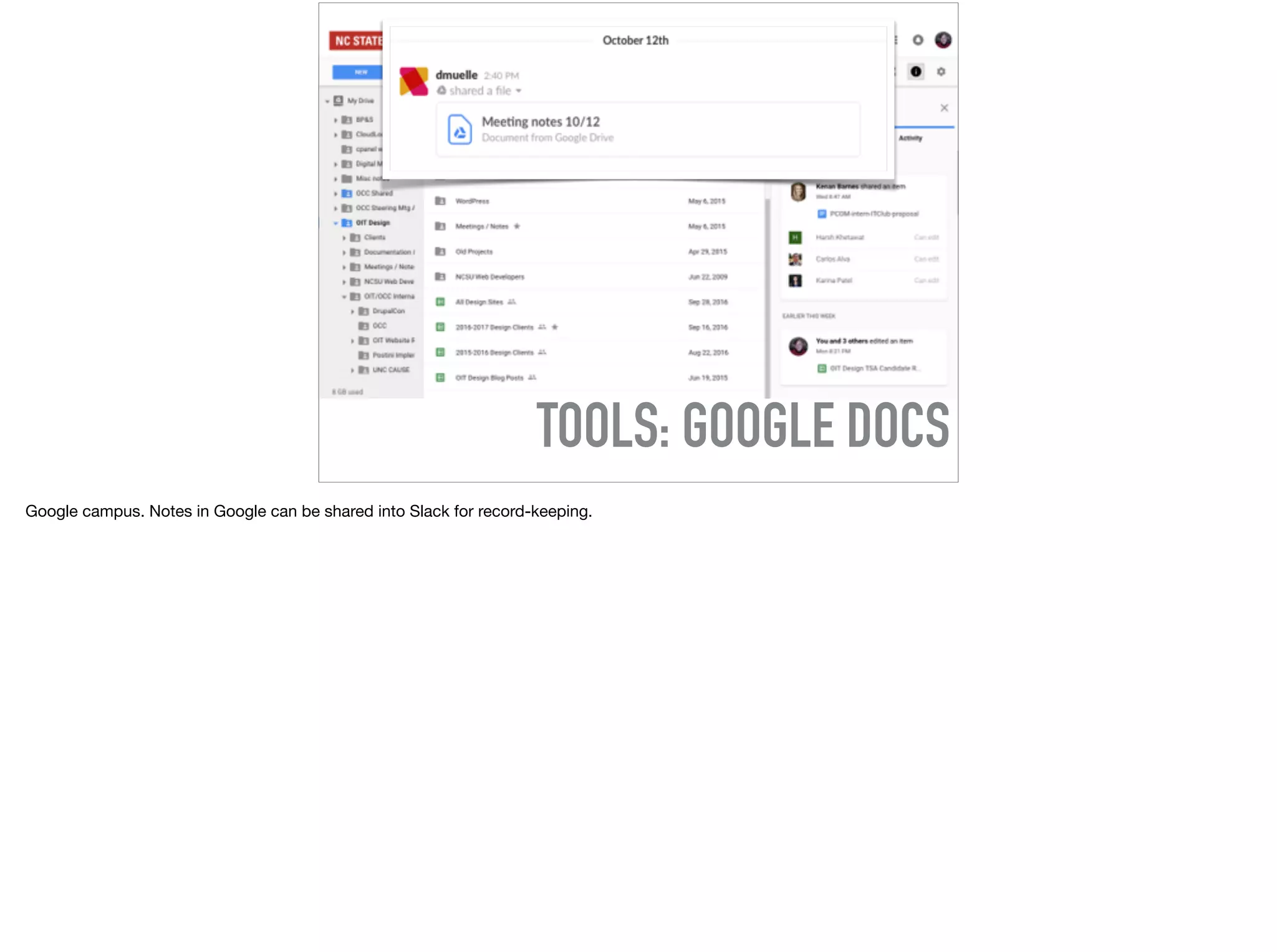 TOOLS: GOOGLE DOCS
Google campus. Notes in Google can be shared into Slack for record-keeping.
 
