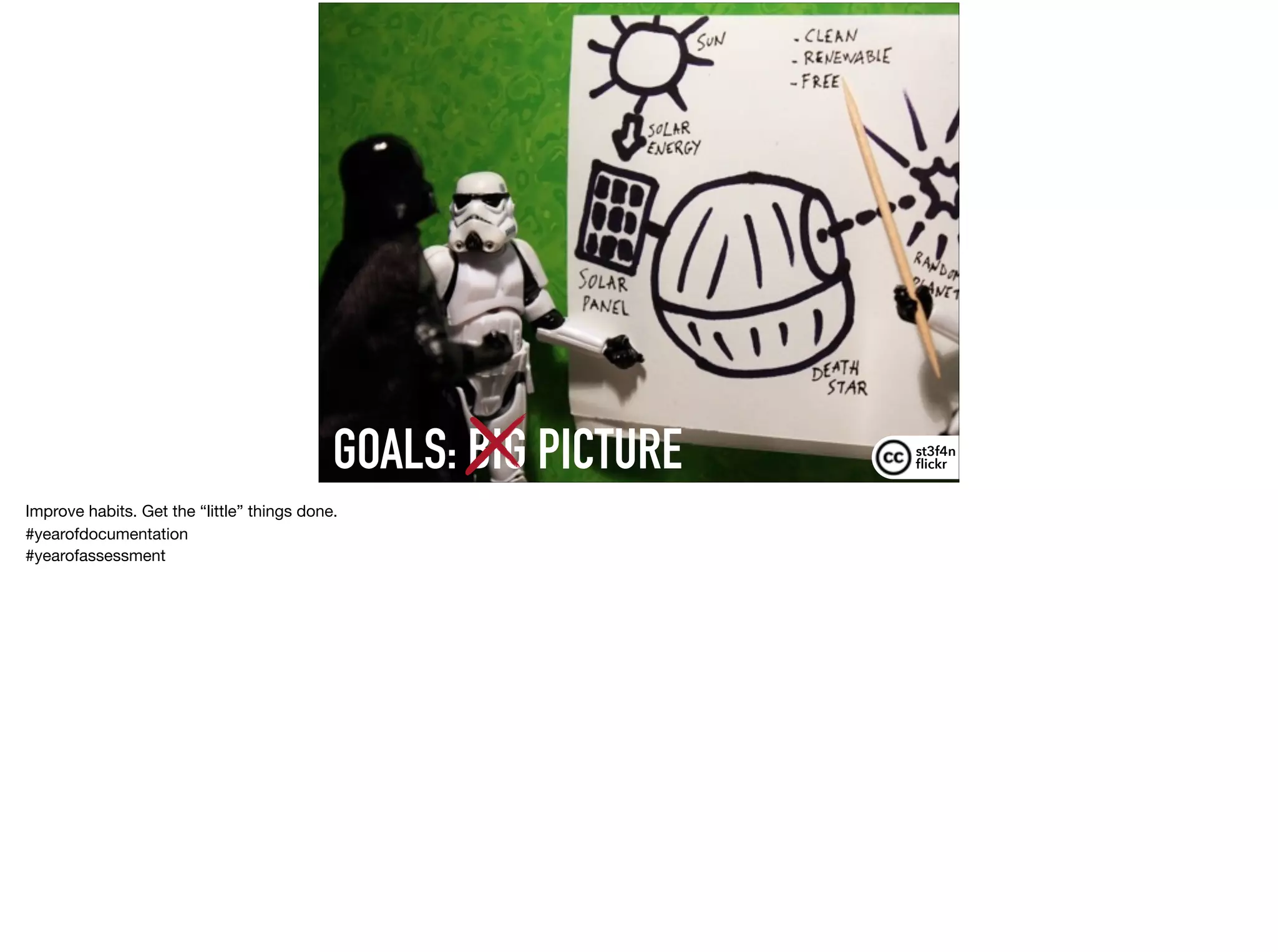 GOALS: BIG PICTURE st3f4n 
ﬂickr
Improve habits. Get the “little” things done.

#yearofdocumentation

#yearofassessment
 