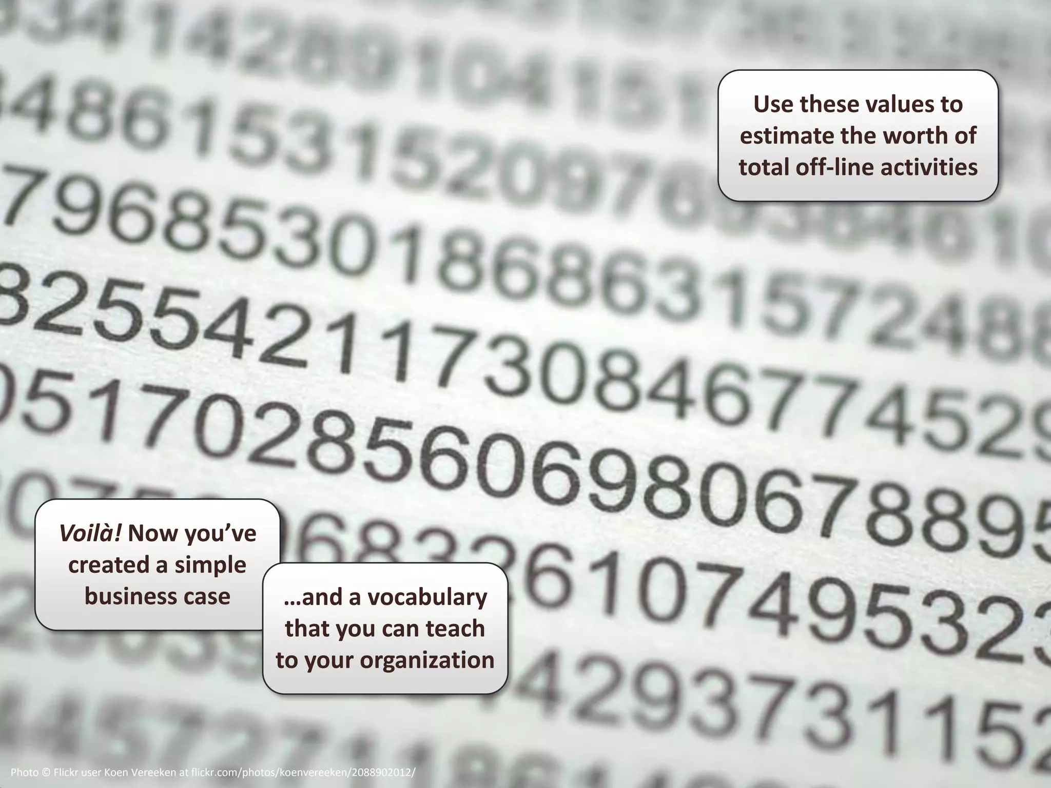 Use these values to
                                                                                  estimate the worth of
                                                                                  total off-line activities




         Voilà! Now you’ve
          created a simple
            business case   …and a vocabulary
                            that you can teach
                           to your organization



Photo © Flickr user Koen Vereeken at flickr.com/photos/koenvereeken/2088902012/
 