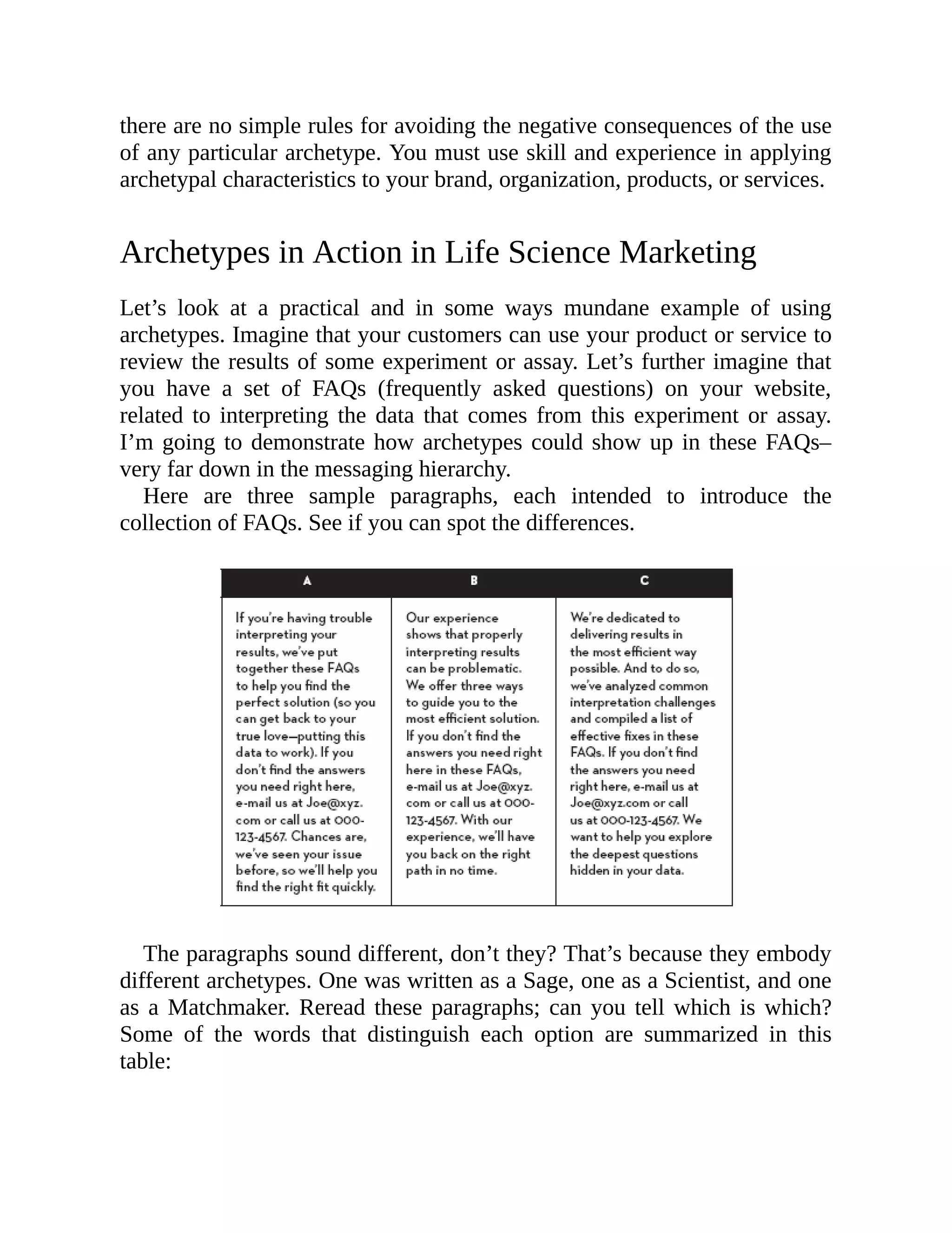 there are no simple rules for avoiding the negative consequences of the use
of any particular archetype. You must use skill and experience in applying
archetypal characteristics to your brand, organization, products, or services.
Archetypes in Action in Life Science Marketing
Let’s look at a practical and in some ways mundane example of using
archetypes. Imagine that your customers can use your product or service to
review the results of some experiment or assay. Let’s further imagine that
you have a set of FAQs (frequently asked questions) on your website,
related to interpreting the data that comes from this experiment or assay.
I’m going to demonstrate how archetypes could show up in these FAQs–
very far down in the messaging hierarchy.
Here are three sample paragraphs, each intended to introduce the
collection of FAQs. See if you can spot the differences.
The paragraphs sound different, don’t they? That’s because they embody
different archetypes. One was written as a Sage, one as a Scientist, and one
as a Matchmaker. Reread these paragraphs; can you tell which is which?
Some of the words that distinguish each option are summarized in this
table:
 