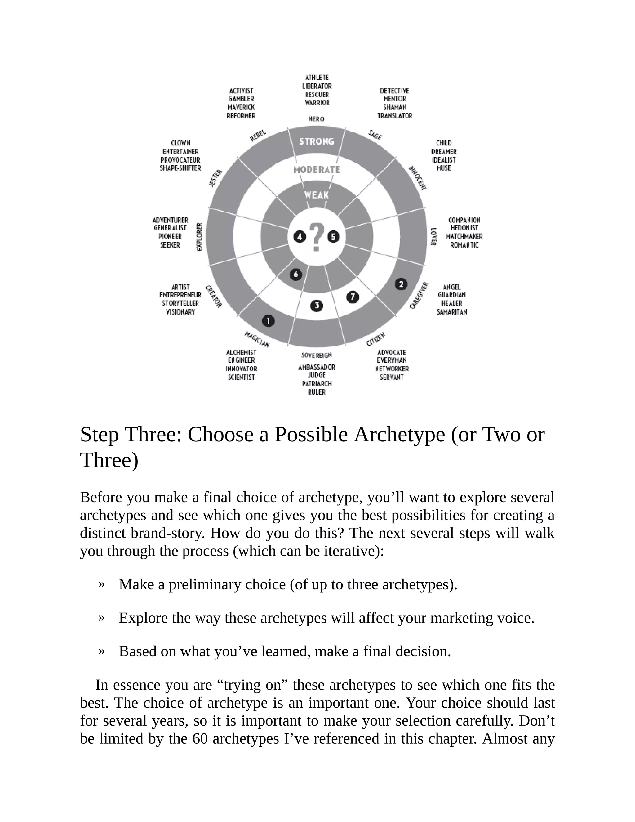 »
»
»
Step Three: Choose a Possible Archetype (or Two or
Three)
Before you make a final choice of archetype, you’ll want to explore several
archetypes and see which one gives you the best possibilities for creating a
distinct brand-story. How do you do this? The next several steps will walk
you through the process (which can be iterative):
Make a preliminary choice (of up to three archetypes).
Explore the way these archetypes will affect your marketing voice.
Based on what you’ve learned, make a final decision.
In essence you are “trying on” these archetypes to see which one fits the
best. The choice of archetype is an important one. Your choice should last
for several years, so it is important to make your selection carefully. Don’t
be limited by the 60 archetypes I’ve referenced in this chapter. Almost any
 