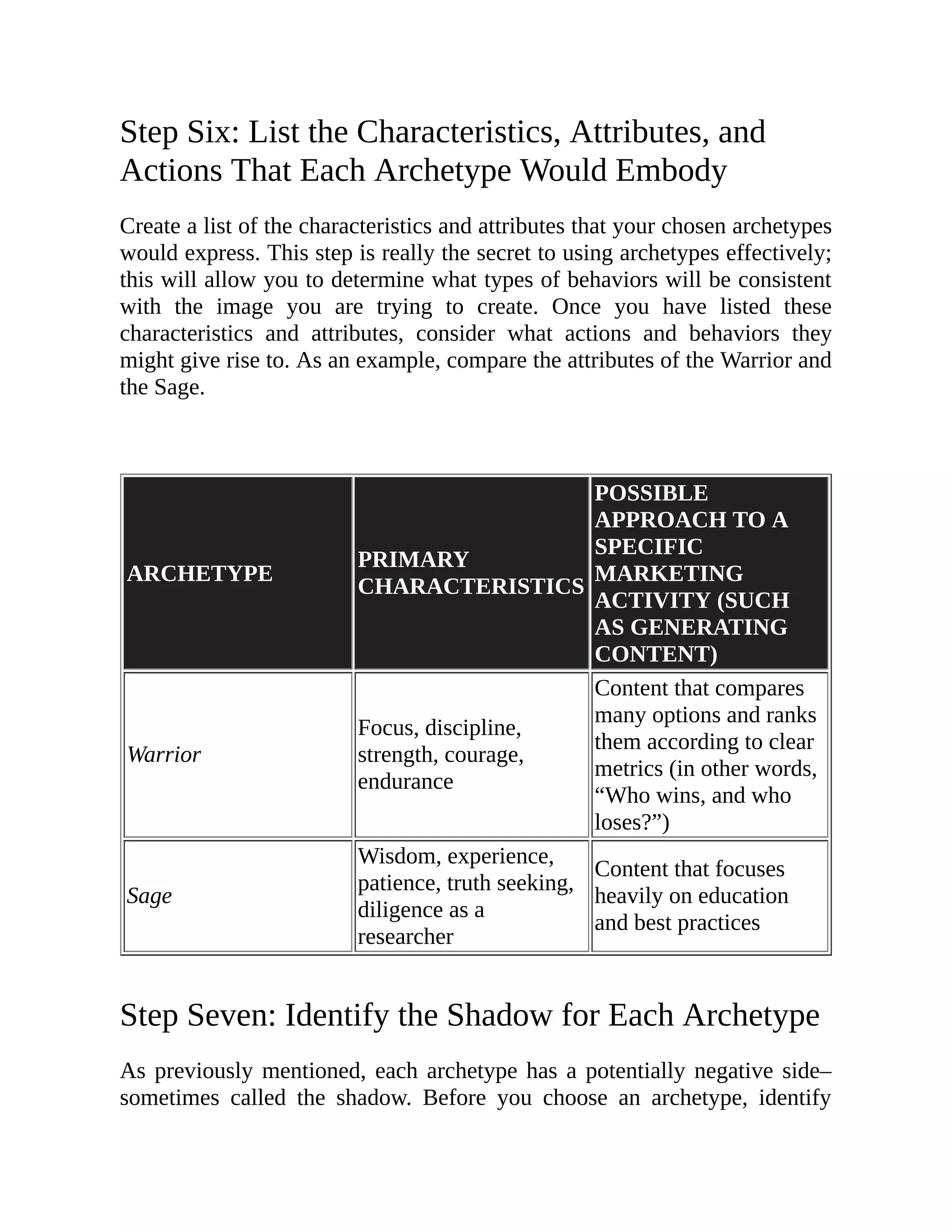 Step Six: List the Characteristics, Attributes, and
Actions That Each Archetype Would Embody
Create a list of the characteristics and attributes that your chosen archetypes
would express. This step is really the secret to using archetypes effectively;
this will allow you to determine what types of behaviors will be consistent
with the image you are trying to create. Once you have listed these
characteristics and attributes, consider what actions and behaviors they
might give rise to. As an example, compare the attributes of the Warrior and
the Sage.
ARCHETYPE
PRIMARY
CHARACTERISTICS
POSSIBLE
APPROACH TO A
SPECIFIC
MARKETING
ACTIVITY (SUCH
AS GENERATING
CONTENT)
Warrior
Focus, discipline,
strength, courage,
endurance
Content that compares
many options and ranks
them according to clear
metrics (in other words,
“Who wins, and who
loses?”)
Sage
Wisdom, experience,
patience, truth seeking,
diligence as a
researcher
Content that focuses
heavily on education
and best practices
Step Seven: Identify the Shadow for Each Archetype
As previously mentioned, each archetype has a potentially negative side–
sometimes called the shadow. Before you choose an archetype, identify
 