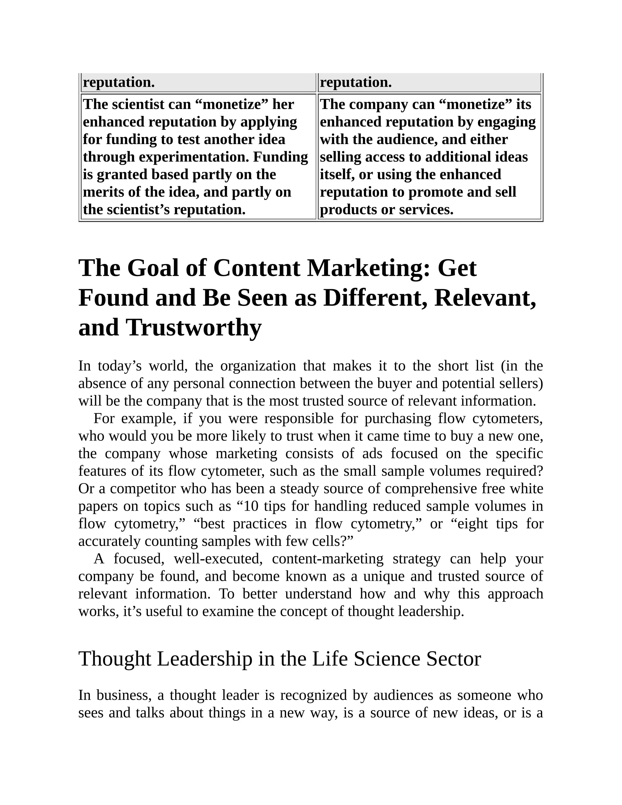 reputation. reputation.
The scientist can “monetize” her
enhanced reputation by applying
for funding to test another idea
through experimentation. Funding
is granted based partly on the
merits of the idea, and partly on
the scientist’s reputation.
The company can “monetize” its
enhanced reputation by engaging
with the audience, and either
selling access to additional ideas
itself, or using the enhanced
reputation to promote and sell
products or services.
The Goal of Content Marketing: Get
Found and Be Seen as Different, Relevant,
and Trustworthy
In today’s world, the organization that makes it to the short list (in the
absence of any personal connection between the buyer and potential sellers)
will be the company that is the most trusted source of relevant information.
For example, if you were responsible for purchasing flow cytometers,
who would you be more likely to trust when it came time to buy a new one,
the company whose marketing consists of ads focused on the specific
features of its flow cytometer, such as the small sample volumes required?
Or a competitor who has been a steady source of comprehensive free white
papers on topics such as “10 tips for handling reduced sample volumes in
flow cytometry,” “best practices in flow cytometry,” or “eight tips for
accurately counting samples with few cells?”
A focused, well-executed, content-marketing strategy can help your
company be found, and become known as a unique and trusted source of
relevant information. To better understand how and why this approach
works, it’s useful to examine the concept of thought leadership.
Thought Leadership in the Life Science Sector
In business, a thought leader is recognized by audiences as someone who
sees and talks about things in a new way, is a source of new ideas, or is a
 
