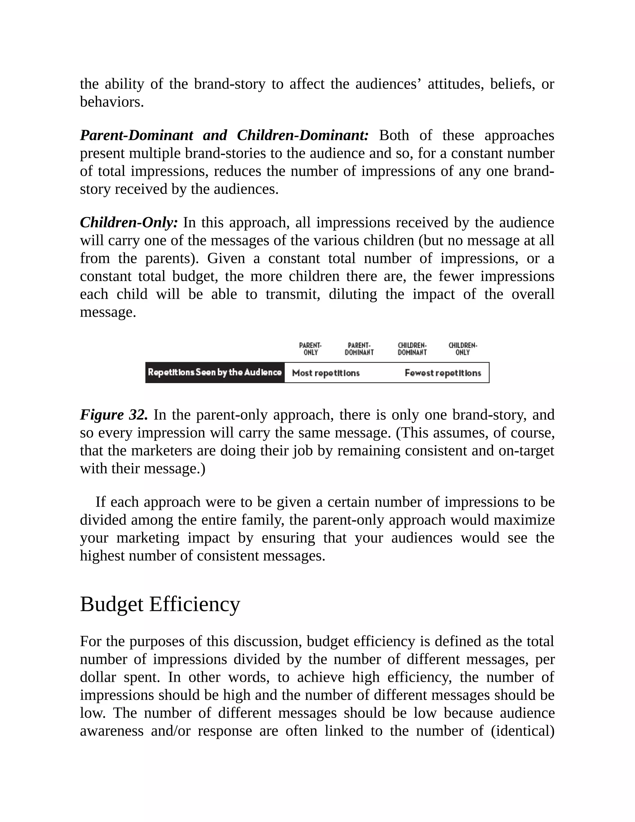 the ability of the brand-story to affect the audiences’ attitudes, beliefs, or
behaviors.
Parent-Dominant and Children-Dominant: Both of these approaches
present multiple brand-stories to the audience and so, for a constant number
of total impressions, reduces the number of impressions of any one brand-
story received by the audiences.
Children-Only: In this approach, all impressions received by the audience
will carry one of the messages of the various children (but no message at all
from the parents). Given a constant total number of impressions, or a
constant total budget, the more children there are, the fewer impressions
each child will be able to transmit, diluting the impact of the overall
message.
Figure 32. In the parent-only approach, there is only one brand-story, and
so every impression will carry the same message. (This assumes, of course,
that the marketers are doing their job by remaining consistent and on-target
with their message.)
If each approach were to be given a certain number of impressions to be
divided among the entire family, the parent-only approach would maximize
your marketing impact by ensuring that your audiences would see the
highest number of consistent messages.
Budget Efficiency
For the purposes of this discussion, budget efficiency is defined as the total
number of impressions divided by the number of different messages, per
dollar spent. In other words, to achieve high efficiency, the number of
impressions should be high and the number of different messages should be
low. The number of different messages should be low because audience
awareness and/or response are often linked to the number of (identical)
 