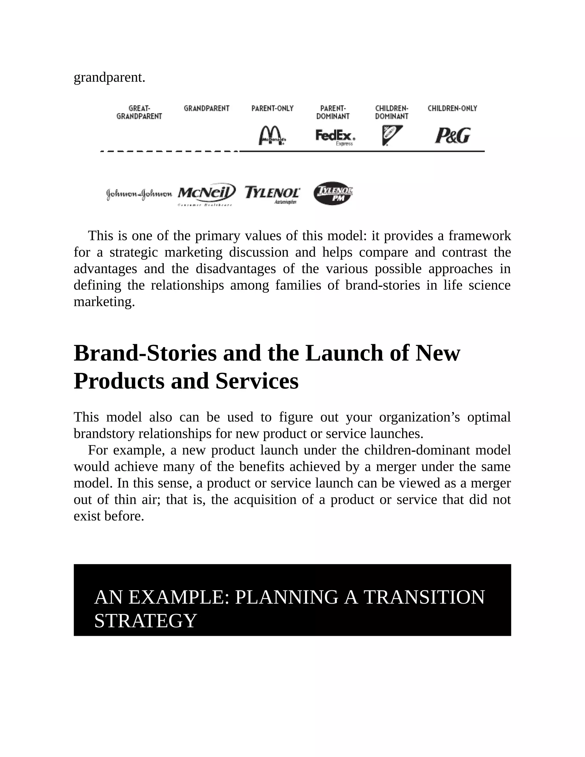 grandparent.
This is one of the primary values of this model: it provides a framework
for a strategic marketing discussion and helps compare and contrast the
advantages and the disadvantages of the various possible approaches in
defining the relationships among families of brand-stories in life science
marketing.
Brand-Stories and the Launch of New
Products and Services
This model also can be used to figure out your organization’s optimal
brandstory relationships for new product or service launches.
For example, a new product launch under the children-dominant model
would achieve many of the benefits achieved by a merger under the same
model. In this sense, a product or service launch can be viewed as a merger
out of thin air; that is, the acquisition of a product or service that did not
exist before.
AN EXAMPLE: PLANNING A TRANSITION
STRATEGY
 