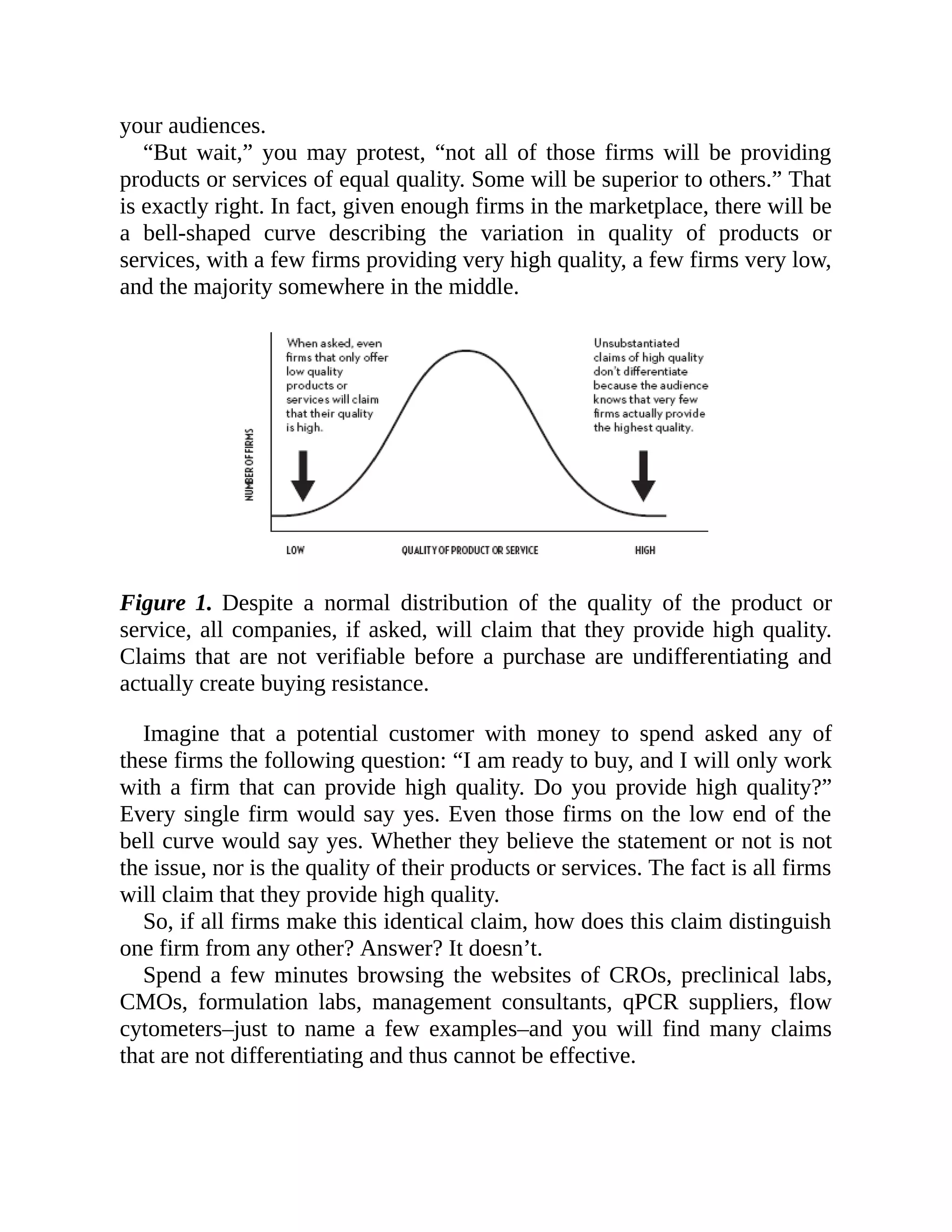 your audiences.
“But wait,” you may protest, “not all of those firms will be providing
products or services of equal quality. Some will be superior to others.” That
is exactly right. In fact, given enough firms in the marketplace, there will be
a bell-shaped curve describing the variation in quality of products or
services, with a few firms providing very high quality, a few firms very low,
and the majority somewhere in the middle.
Figure 1. Despite a normal distribution of the quality of the product or
service, all companies, if asked, will claim that they provide high quality.
Claims that are not verifiable before a purchase are undifferentiating and
actually create buying resistance.
Imagine that a potential customer with money to spend asked any of
these firms the following question: “I am ready to buy, and I will only work
with a firm that can provide high quality. Do you provide high quality?”
Every single firm would say yes. Even those firms on the low end of the
bell curve would say yes. Whether they believe the statement or not is not
the issue, nor is the quality of their products or services. The fact is all firms
will claim that they provide high quality.
So, if all firms make this identical claim, how does this claim distinguish
one firm from any other? Answer? It doesn’t.
Spend a few minutes browsing the websites of CROs, preclinical labs,
CMOs, formulation labs, management consultants, qPCR suppliers, flow
cytometers–just to name a few examples–and you will find many claims
that are not differentiating and thus cannot be effective.
 