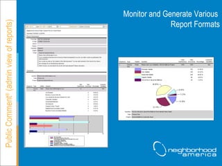 Monitor and Generate Various  Report Formats Public Comment ®  (admin view of reports) 