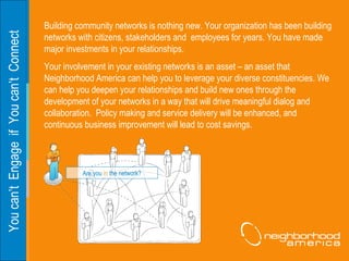 You can’t  Engage  if  You can’t  Connect Building community networks is nothing new. Your organization has been building networks with citizens, stakeholders and  employees for years. You have made major investments in your relationships.  Your involvement in your existing networks is an asset – an asset that Neighborhood America can help you to leverage your diverse constituencies. We can help you deepen your relationships and build new ones through the development of your networks in a way that will drive meaningful dialog and collaboration.  Policy making and service delivery will be enhanced, and continuous business improvement will lead to cost savings. Are you  in  the network? 