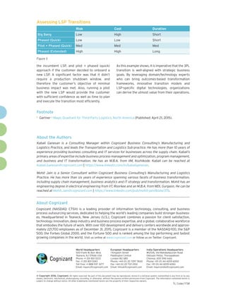 About Cognizant
Cognizant (NASDAQ: CTSH) is a leading provider of information technology, consulting, and business
process outsourcing services, dedicated to helping the world’s leading companies build stronger business-
es. Headquartered in Teaneck, New Jersey (U.S.), Cognizant combines a passion for client satisfaction,
technology innovation, deep industry and business process expertise, and a global, collaborative workforce
that embodies the future of work. With over 100 development and delivery centers worldwide and approxi-
mately 221,700 employees as of December 31, 2015, Cognizant is a member of the NASDAQ-100, the S&P
500, the Forbes Global 2000, and the Fortune 500 and is ranked among the top performing and fastest
growing companies in the world. Visit us online at www.cognizant.com or follow us on Twitter: Cognizant.
World Headquarters
500 Frank W. Burr Blvd.
Teaneck, NJ 07666 USA
Phone: +1 201 801 0233
Fax: +1 201 801 0243
Toll Free: +1 888 937 3277
Email: inquiry@cognizant.com
European Headquarters
1 Kingdom Street
Paddington Central
London W2 6BD
Phone: +44 (0) 20 7297 7600
Fax: +44 (0) 20 7121 0102
Email: infouk@cognizant.com
India Operations Headquarters
#5/535, Old Mahabalipuram Road
Okkiyam Pettai, Thoraipakkam
Chennai, 600 096 India
Phone: +91 (0) 44 4209 6000
Fax: +91 (0) 44 4209 6060
Email: inquiryindia@cognizant.com
­­© Copyright 2016, Cognizant. All rights reserved. No part of this document may be reproduced, stored in a retrieval system, transmitted in any form or by any
means, electronic, mechanical, photocopying, recording, or otherwise, without the express written permission from Cognizant. The information contained herein is
subject to change without notice. All other trademarks mentioned herein are the property of their respective owners.
About the Authors
Kabali Ganesan is a Consulting Manager within Cognizant Business Consulting’s Manufacturing and
Logistics Practice, and leads the Transportation and Logistics Sub-practice. He has more than 10 years of
experience providing business consulting and IT services for businesses across the supply chain. Kabali’s
primary areas of expertise include business process management and optimization, program management,
and business and IT transformation. He has an M.B.A. from IIM, Kozhikode. Kabali can be reached at
Kabali.Ganesan@cognizant.com | https://www.linkedin.com/in/kabaliganesan.
Mohit Jain is a Senior Consultant within Cognizant Business Consulting’s Manufacturing and Logistics
Practice. He has more than six years of experience spanning various facets of business transformation,
including supply chain management, business analytics and IT strategy and transformation. Mohit has an
engineering degree in electrical engineering from IIT, Roorkee and an M.B.A. from MDI, Gurgaon. He can be
reached at Mohit.Jain@cognizant.com | https://www.linkedin.com/pub/mohit-jain/8/a1a/37b.
TL Codex 1738
Footnote
1	 Gartner - Magic Quadrant for Third-Party Logistics, North America (Published: April 21, 2015).
the incumbent LSP, and pilot + phased (quick)
approach if the customer decided to onboard a
new LSP. A significant factor was that it didn’t
require a production shutdown window, and
therefore the customer’s objective of minimal
business impact was met. Also, running a pilot
with the new LSP would provide the customer
with sufficient confidence as well as time to plan
and execute the transition most efficiently.
As this example shows, it is imperative that the 3PL
transition is well-aligned with strategic business
goals. By leveraging domain/technology experts
who can bring outcomes-based transformation
frameworks, innovative transition models and
LSP-specific digital technologies, organizations
can derive the utmost value from their operations.
Risk Cost Duration
Big Bang Low High Short
Phased (Quick) Low Low Short
Pilot + Phased (Quick) Med Med Med
Phased (Extended) High High Long
Assessing LSP Transitions
Figure 3
 