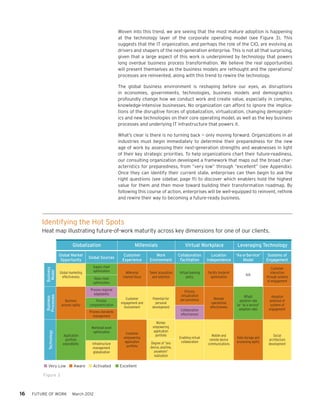 Woven into this trend, we are seeing that the most mature adoption is happening
                                                                 at the technology layer of the corporate operating model (see Figure 3). This
                                                                 suggests that the IT organization, and perhaps the role of the CIO, are evolving as
                                                                 drivers and shapers of the next-generation enterprise. This is not all that surprising,
                                                                 given that a large aspect of this work is underpinned by technology that powers
                                                                 long overdue business process transformation. We believe the real opportunities
                                                                 will present themselves as the business models are rethought and the operations/
                                                                 processes are reinvented, along with this trend to rewire the technology.

                                                                 The global business environment is reshaping before our eyes, as disruptions
                                                                 in economies, governments, technologies, business models and demographics
                                                                 profoundly change how we conduct work and create value, especially in complex,
                                                                 knowledge-intensive businesses. No organization can afford to ignore the implica-
                                                                 tions of the disruptive forces of globalization, virtualization, changing demograph-
                                                                 ics and new technologies on their core operating model, as well as the key business
                                                                 processes and underlying IT infrastructure that powers it.

                                                                 What’s clear is there is no turning back — only moving forward. Organizations in all
                                                                 industries must begin immediately to determine their preparedness for the new
                                                                 age of work by assessing their next-generation strengths and weaknesses in light
                                                                 of their key strategic priorities. To help organizations chart their future-readiness,
                                                                 our consulting organization developed a framework that maps out the broad char-
                                                                 acteristics for preparedness, from “very low” through “excellent” (see Appendix).
                                                                 Once they can identify their current state, enterprises can then begin to ask the
                                                                 right questions (see sidebar, page 11) to discover which enablers hold the highest
                                                                 value for them and then move toward building their transformation roadmap. By
                                                                 following this course of action, enterprises will be well-equipped to reinvent, rethink
                                                                 and rewire their way to becoming a future-ready business.




         Identifying the Hot Spots
         Heat map illustrating future-of-work maturity across key dimensions for one of our clients.

                                  Globalization                             Millennials                     Virtual Workplace                    Leveraging Technology
                         Global Market                              Customer          Work              Collaboration         Location          “As-a-Service”        Systems of
                                            Global Sources
                          Opportunity                              Experience      Environment           Facilitation      Independence             Model            Engagement
                                              Supply chain                                                                                                               Customer
          Business




                                              optimization
           Model




                         Global marketing                            Millennial    Talent acquisition   Virtual teaming    Facility footprint                           interaction
                                                                                                                                                       N/A
                           effectiveness      Value chain          channel focus     and retention           policy          optimization                            through systems
                                              optimization                                                                                                            of engagement

                                             Process regional                                               Process
                                               adaptability                                              virtualization
          Processes




                                                                                                                                                      BPaaS             Adoption
          Business




                                                                      Customer       Potential for       pervasiveness         Remote
                             Business           Process                                                                                           adoption rate       potential of
                                                                  engagement and       personal                              operational
                          process agility   componentization                                                                                    (or “as a service”     systems of
                                                                    involvement      development                            effectiveness
                                                                                                         Collaboration                            adoption rate)      engagement
                                            Process standards
                                              management                                                 effectiveness

                                                                                        Worker
                                             Workload asset                          empowering
                                              optimization                            application
            Technology




                                                                      Customer
                           Application                                                 portfolio                              Mobile and                                 Social
                                                                    empowering                          Enabling virtual                        Data storage and
                             portfolio                                                                                      remote device                             architecture
                                                                     application   Degree of “any        collaboration                          processing agility
                           extendibility      Infrastructure                                                               communications                             development
                                                                      portfolio    device, anytime,
                                               management
                                               globalization                         anywhere“
                                                                                     realization

         n Very Low n Aware n Activated                         n Excellent

         Figure 3



16   FUTURE OF WORK               March 2012
 