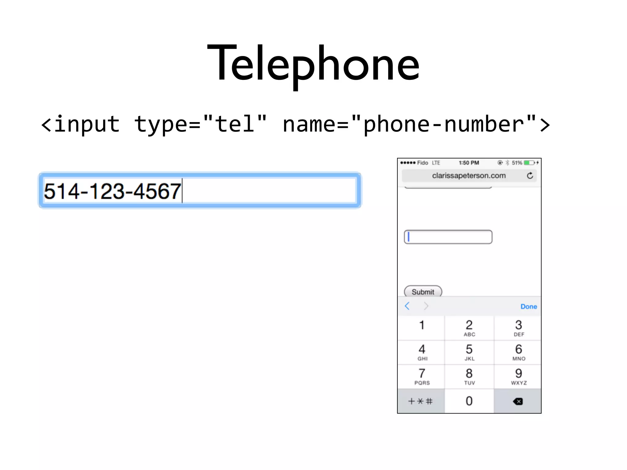 <input'type="tel"'name="phone5number">
Telephone
 