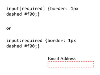 input[required]'{border:'1px'
dashed'#f00;}'
or
input:required'{border:'1px'
dashed'#f00;}
 