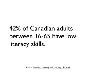 Source: Canadian Literacy and Learning Network
42% of Canadian adults
between 16-65 have low
literacy skills.
 