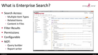What is Enterprise Search?
 Search Across:
▫ Multiple Item Types
▫ Related Items
▫ Content in Files
 Filter Results
 Permissions
 Configurable
 NOT:
▫ Query builder
▫ Report writer
© 2016 Aras aras.com
 
