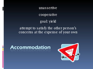 unassertive cooperative goal: yield attempt to satisfy the other person’s concerns at the expense of your own 