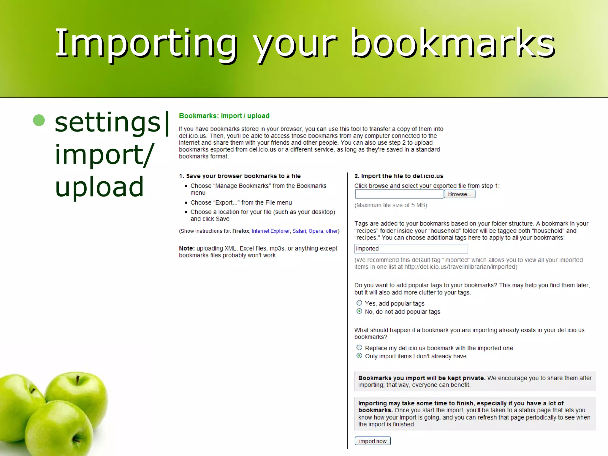 Importing your bookmarks settings| import/ upload 