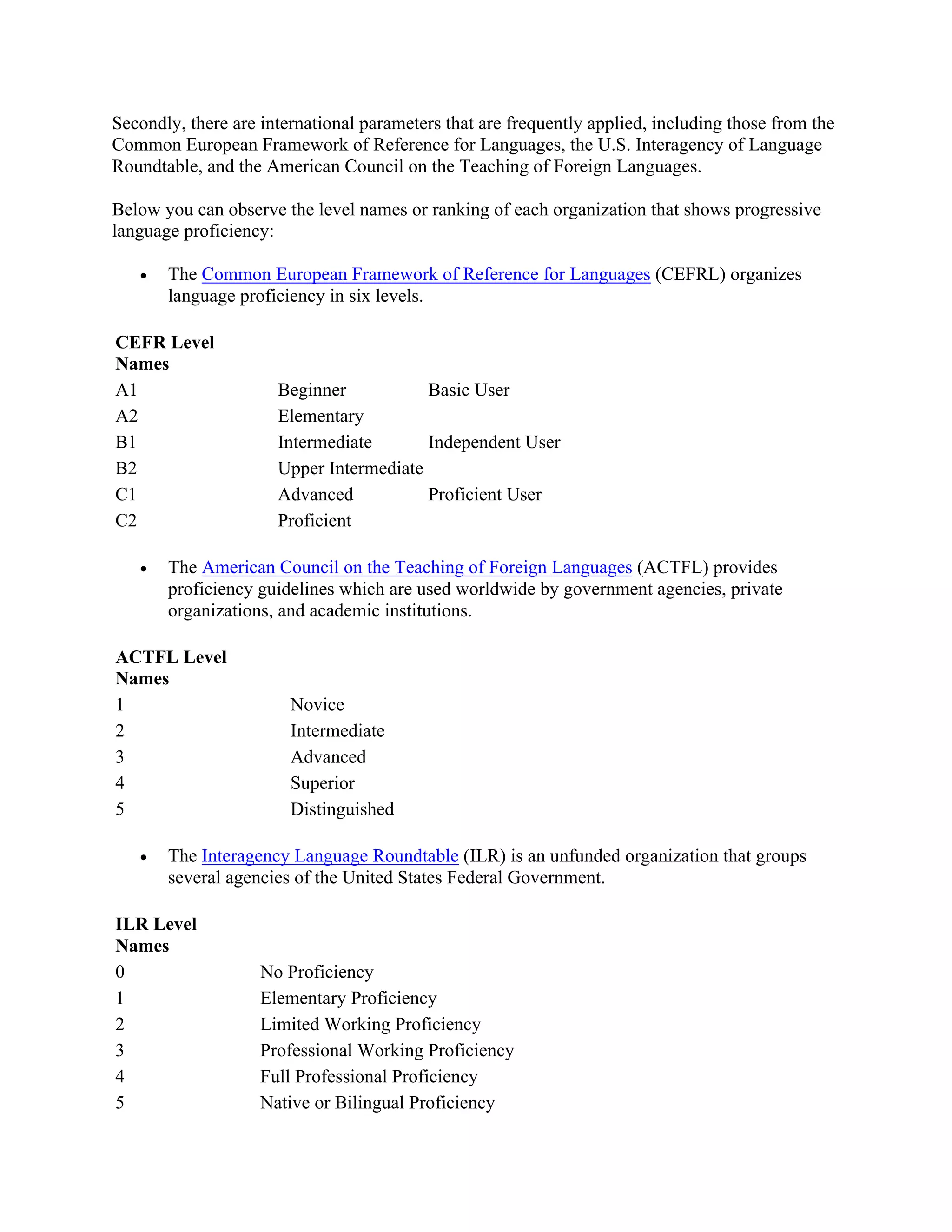 Secondly, there are international parameters that are frequently applied, including those from the
Common European Framework of Reference for Languages, the U.S. Interagency of Language
Roundtable, and the American Council on the Teaching of Foreign Languages.
Below you can observe the level names or ranking of each organization that shows progressive
language proficiency:
• The Common European Framework of Reference for Languages (CEFRL) organizes
language proficiency in six levels.
CEFR Level
Names
A1 Beginner Basic User
A2 Elementary
B1 Intermediate Independent User
B2 Upper Intermediate
C1 Advanced Proficient User
C2 Proficient
• The American Council on the Teaching of Foreign Languages (ACTFL) provides
proficiency guidelines which are used worldwide by government agencies, private
organizations, and academic institutions.
ACTFL Level
Names
1 Novice
2 Intermediate
3 Advanced
4 Superior
5 Distinguished
• The Interagency Language Roundtable (ILR) is an unfunded organization that groups
several agencies of the United States Federal Government.
ILR Level
Names
0 No Proficiency
1 Elementary Proficiency
2 Limited Working Proficiency
3 Professional Working Proficiency
4 Full Professional Proficiency
5 Native or Bilingual Proficiency
 