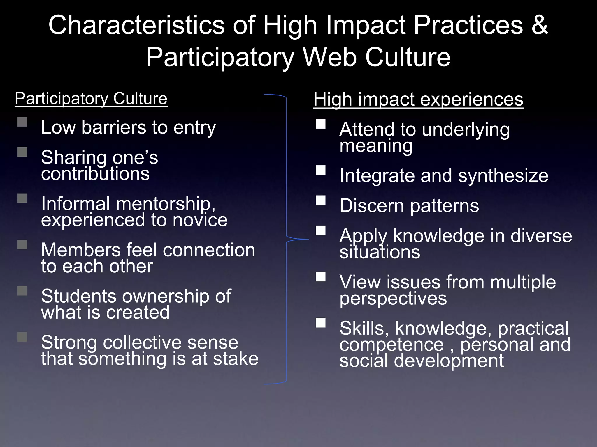 Characteristics of High Impact Practices &
Participatory Web Culture
Participatory Culture
 Low barriers to entry
 Sharing one’s
contributions
 Informal mentorship,
experienced to novice
 Members feel connection
to each other
 Students ownership of
what is created
 Strong collective sense
that something is at stake
High impact experiences
 Attend to underlying
meaning
 Integrate and synthesize
 Discern patterns
 Apply knowledge in diverse
situations
 View issues from multiple
perspectives
 Skills, knowledge, practical
competence , personal and
social development
 