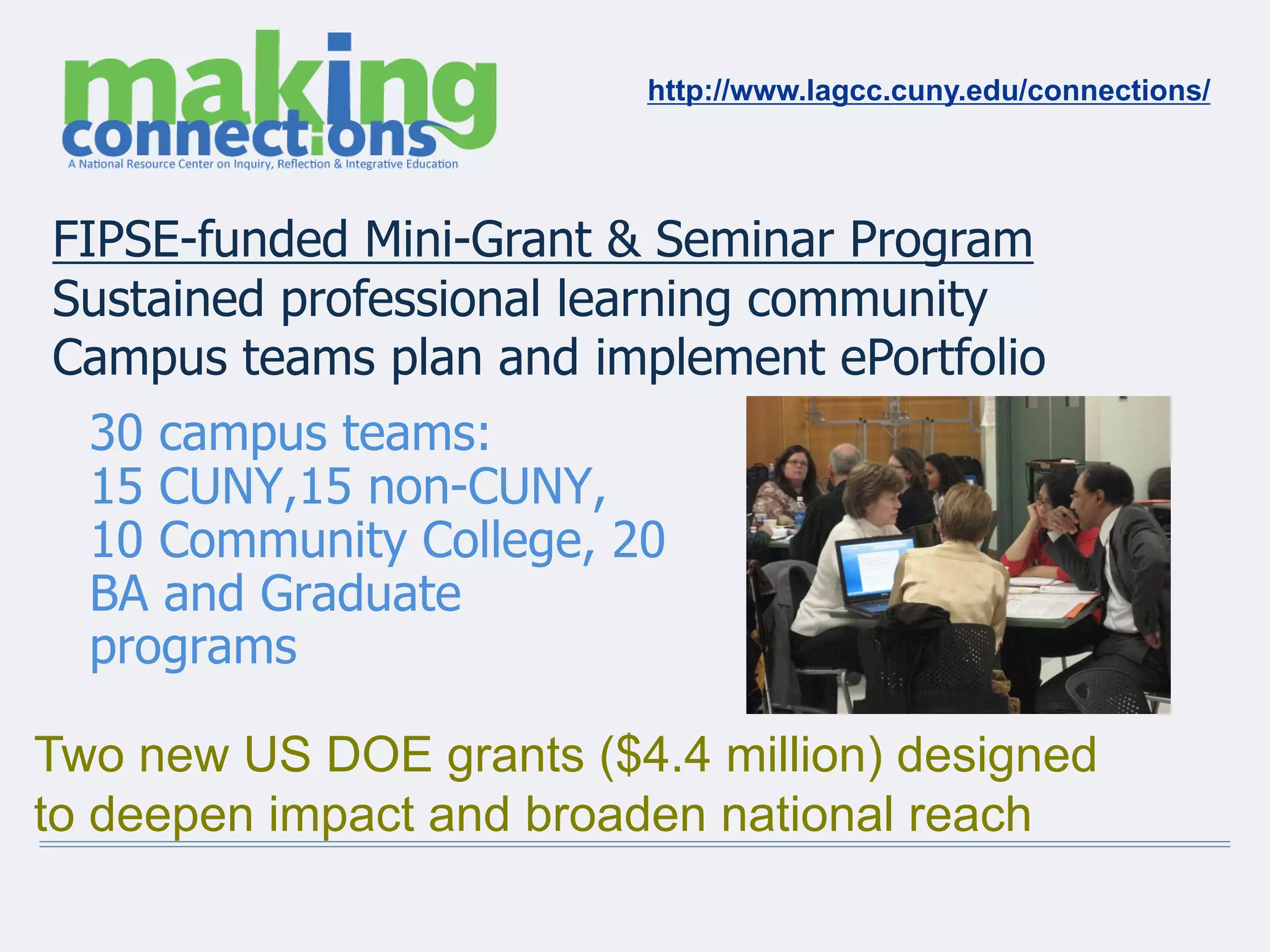 30 campus teams:
15 CUNY,15 non-CUNY,
10 Community College, 20
BA and Graduate
programs
FIPSE-funded Mini-Grant & Seminar Program
Sustained professional learning community
Campus teams plan and implement ePortfolio
http://www.lagcc.cuny.edu/connections/
Two new US DOE grants ($4.4 million) designed
to deepen impact and broaden national reach
 