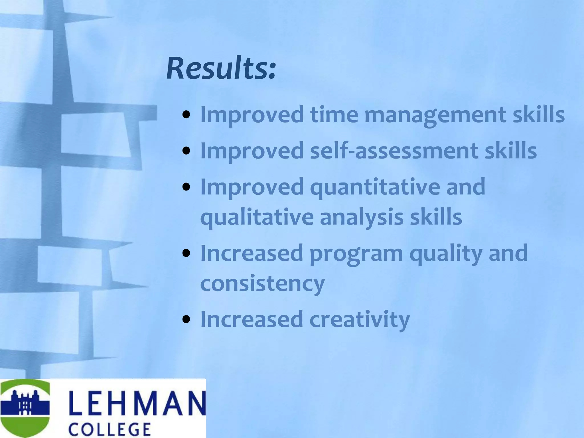 Results:
• Improved time management skills
• Improved self-assessment skills
• Improved quantitative and
qualitative analysis skills
• Increased program quality and
consistency
• Increased creativity
 