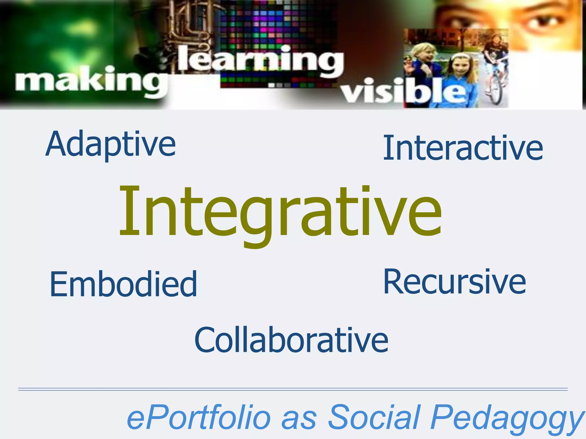 ePortfolio as Social Pedagogy
Collaborative
Integrative
Interactive
Recursive
Embodied
Adaptive
 