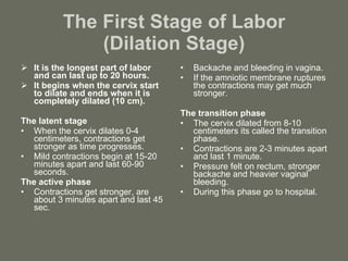 The First Stage of Labor (Dilation Stage) It is the longest part of labor and can last up to 20 hours. It begins when the cervix start to dilate and ends when it is completely dilated (10 cm). The latent stage When the cervix dilates 0-4 centimeters, contractions get stronger as time progresses. Mild contractions begin at 15-20 minutes apart and last 60-90 seconds. The active phase Contractions get stronger, are about 3 minutes apart and last 45 sec. Backache and bleeding in vagina. If the amniotic membrane ruptures the contractions may get much stronger. The transition phase The cervix dilated from 8-10 centimeters its called the transition phase. Contractions are 2-3 minutes apart and last 1 minute. Pressure felt on rectum, stronger backache and heavier vaginal bleeding. During this phase go to hospital. 