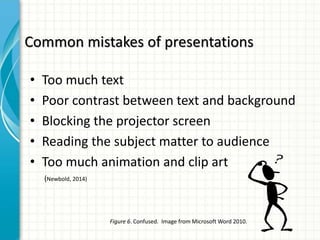 Common mistakes of presentations
• Too much text
• Poor contrast between text and background
• Blocking the projector screen
• Reading the subject matter to audience
• Too much animation and clip art
(Newbold, 2014)
Figure 6. Confused. Image from Microsoft Word 2010.
 