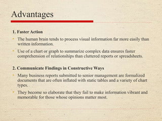 Advantages
1. Faster Action
• The human brain tends to process visual information far more easily than
written information.
• Use of a chart or graph to summarize complex data ensures faster
comprehension of relationships than cluttered reports or spreadsheets.
2. Communicate Findings in Constructive Ways
• Many business reports submitted to senior management are formalized
documents that are often inflated with static tables and a variety of chart
types.
• They become so elaborate that they fail to make information vibrant and
memorable for those whose opinions matter most.
 