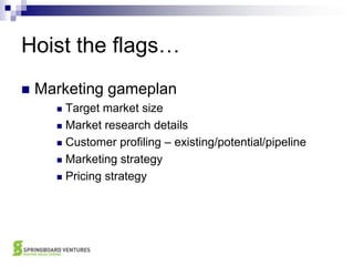 Hoist the flags…Marketing gameplanTarget market sizeMarket research detailsCustomer profiling – existing/potential/pipelineMarketing strategyPricing strategy