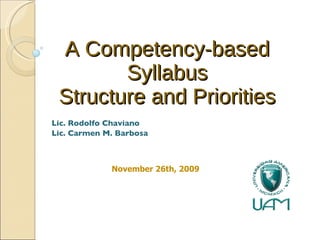A Competency-based Syllabus Structure and Priorities Lic. Rodolfo Chaviano Lic. Carmen M. Barbosa November 26th, 2009 