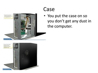 Case
• You put the case on so
you don’t get any dust in
the computer.
 