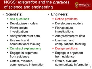 4
NGSS: Integration and the practices
of science and engineering
• Scientists:
 Ask questions
 Develop/use models
 Plan/execute
investigations
 Analyze/interpret data
 Use math and
computational thinking
 Construct explanations
 Engage in argument
from evidence
 Obtain, evaluate,
communicate information
• Engineers:
 Define problems
 Develop/use models
 Plan/execute
investigations
 Analyze/interpret data
 Use math and
computational thinking
 Design solutions
 Engage in argument
from evidence
 Obtain, evaluate,
communicate information
 