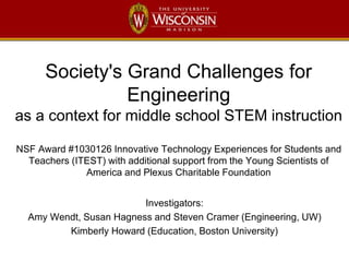 Society's Grand Challenges for
Engineering
as a context for middle school STEM instruction
NSF Award #1030126 Innovative Technology Experiences for Students and
Teachers (ITEST) with additional support from the Young Scientists of
America and Plexus Charitable Foundation
Investigators:
Amy Wendt, Susan Hagness and Steven Cramer (Engineering, UW)
Kimberly Howard (Education, Boston University)
 