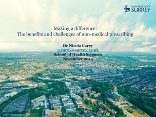Making a difference: 
The benefits and challenges of non-medical prescribing 
Dr Nicola Carey 
n.carey@surrey.ac.uk 
School of Health Sciences 
November 2014 
Date: Friday 24th October 2014 1 
 