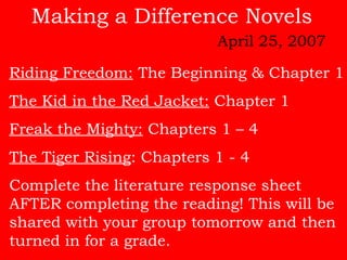 Riding Freedom: The Beginning & Chapter 1
The Kid in the Red Jacket: Chapter 1
Freak the Mighty: Chapters 1 – 4
The Tiger Rising: Chapters 1 - 4
Complete the literature response sheet
AFTER completing the reading! This will be
shared with your group tomorrow and then
turned in for a grade.
Making a Difference Novels
April 25, 2007
 