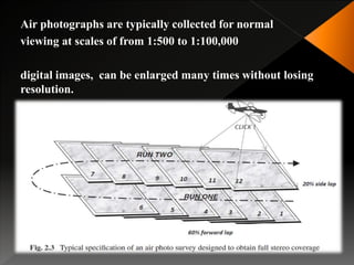 Air photographs are typically collected for normal
viewing at scales of from 1:500 to 1:100,000
digital images, can be enlarged many times without losing
resolution.
 